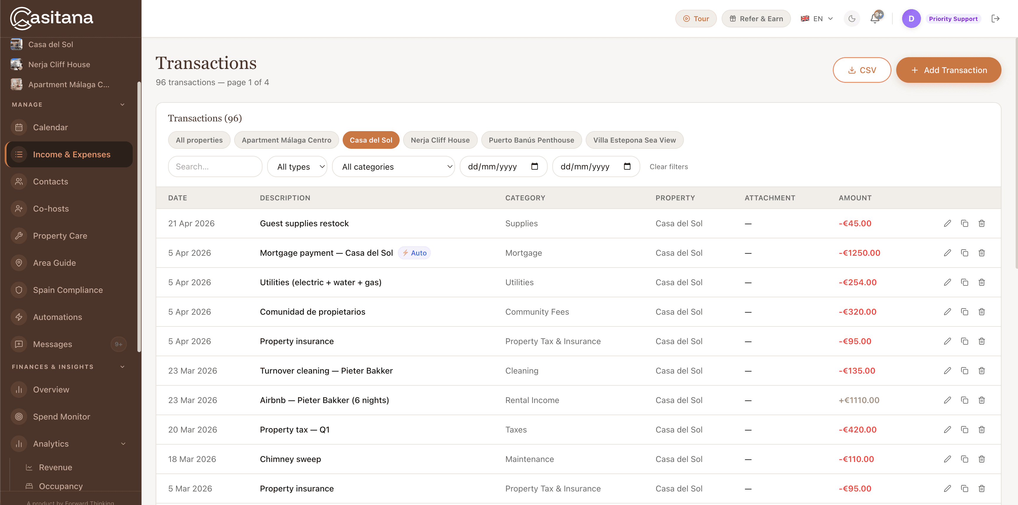 Casitana expenses page
